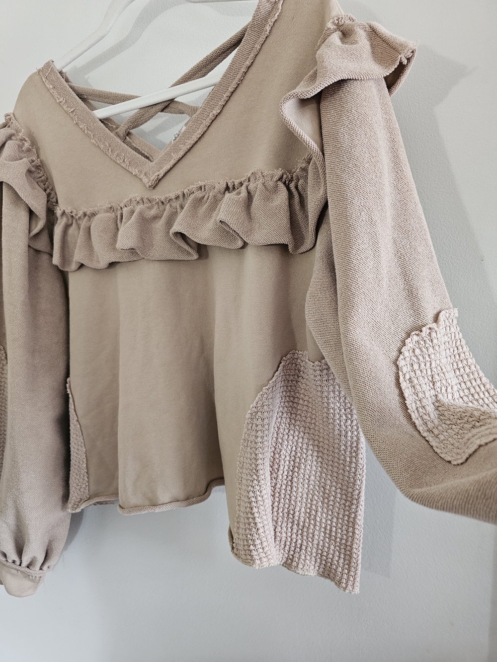 POL Crisscross Ruffle V-Neck Sweater Top - Taupe - Picture 4 of 6